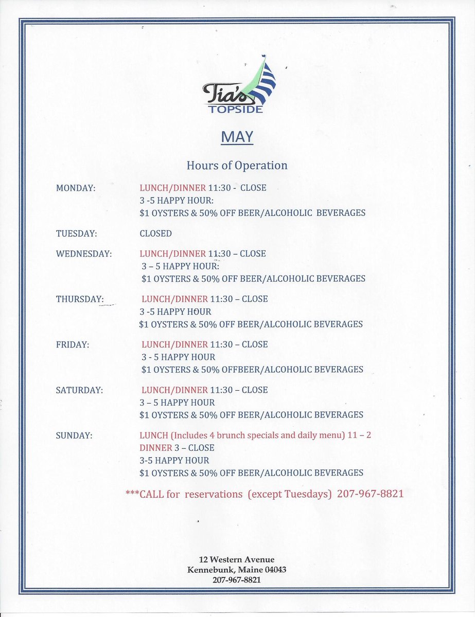Our Hours of Operations for the month of May 2016!
#HappyHour #FirePit #PineappleMintMojito #BakedStuffedLobster