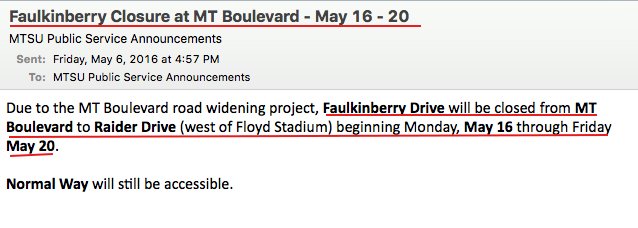 MTSUNews's tweet photo. #MTSU TRAFFIC ADVISORY: Faulkinberry Drive closed Mon-Fri, 5/16-20, from @MTBlvd to west of stadium. Please RT! 🚧🚙🚲🚌 https://t.co/SaplDYADrs