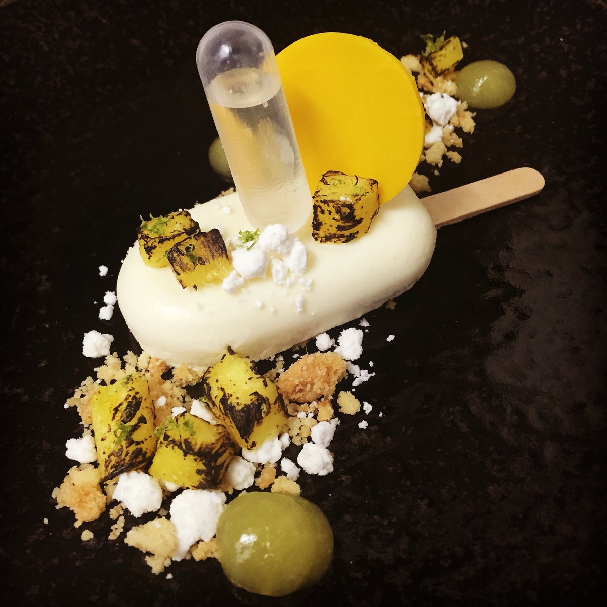 hvasspastrychef's tweet photo. White chocolate &amp; coconut Popsicle, Malibu pipette, pineapple, coconut crumb. New dessert coming to @No16Restaurant https://t.co/kj8oL359Kb