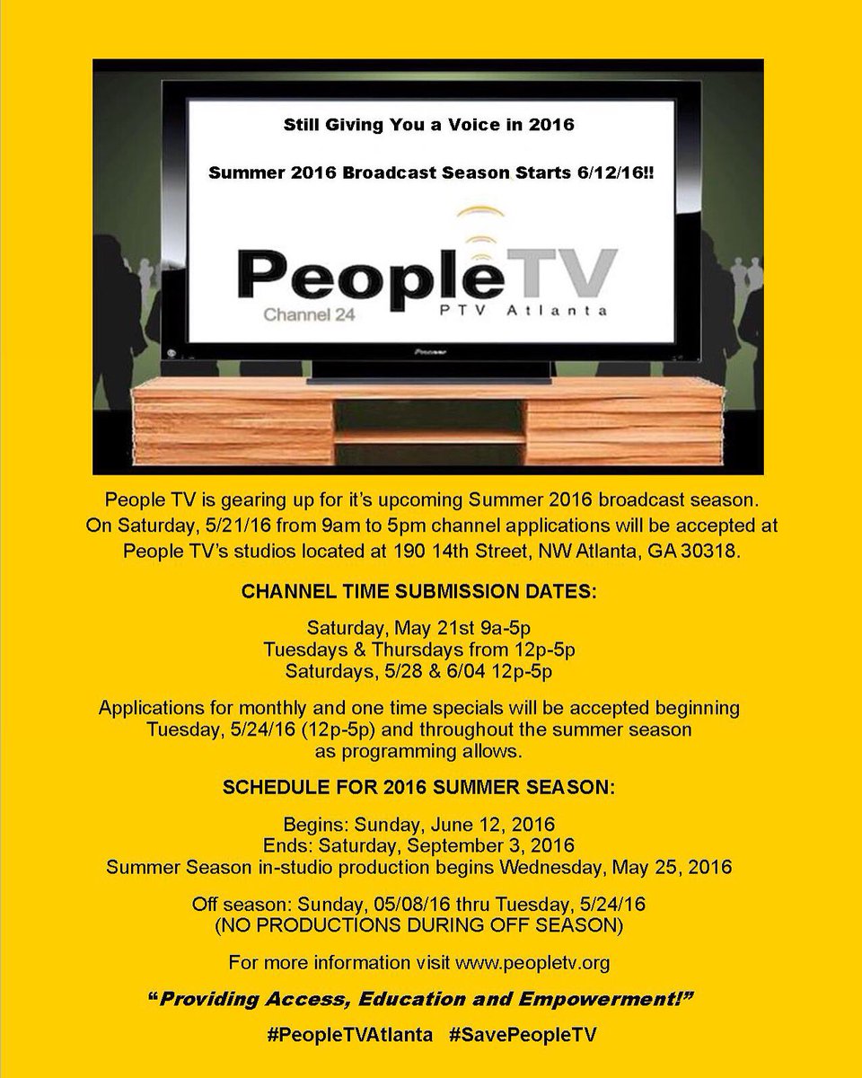 #peopletvatlanta is closed for productions during our off season. Productions start back 5/25/16.