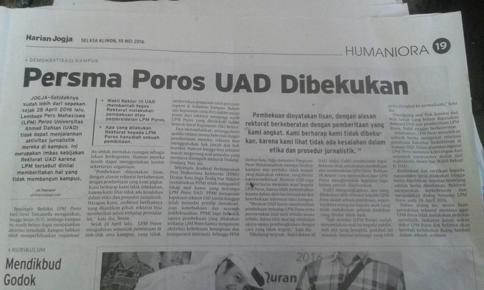 persma's tweet image. Selasa (10/5) koran Harian Jogja memberitakan kasus pembredelan @porosUAD #SavePoros