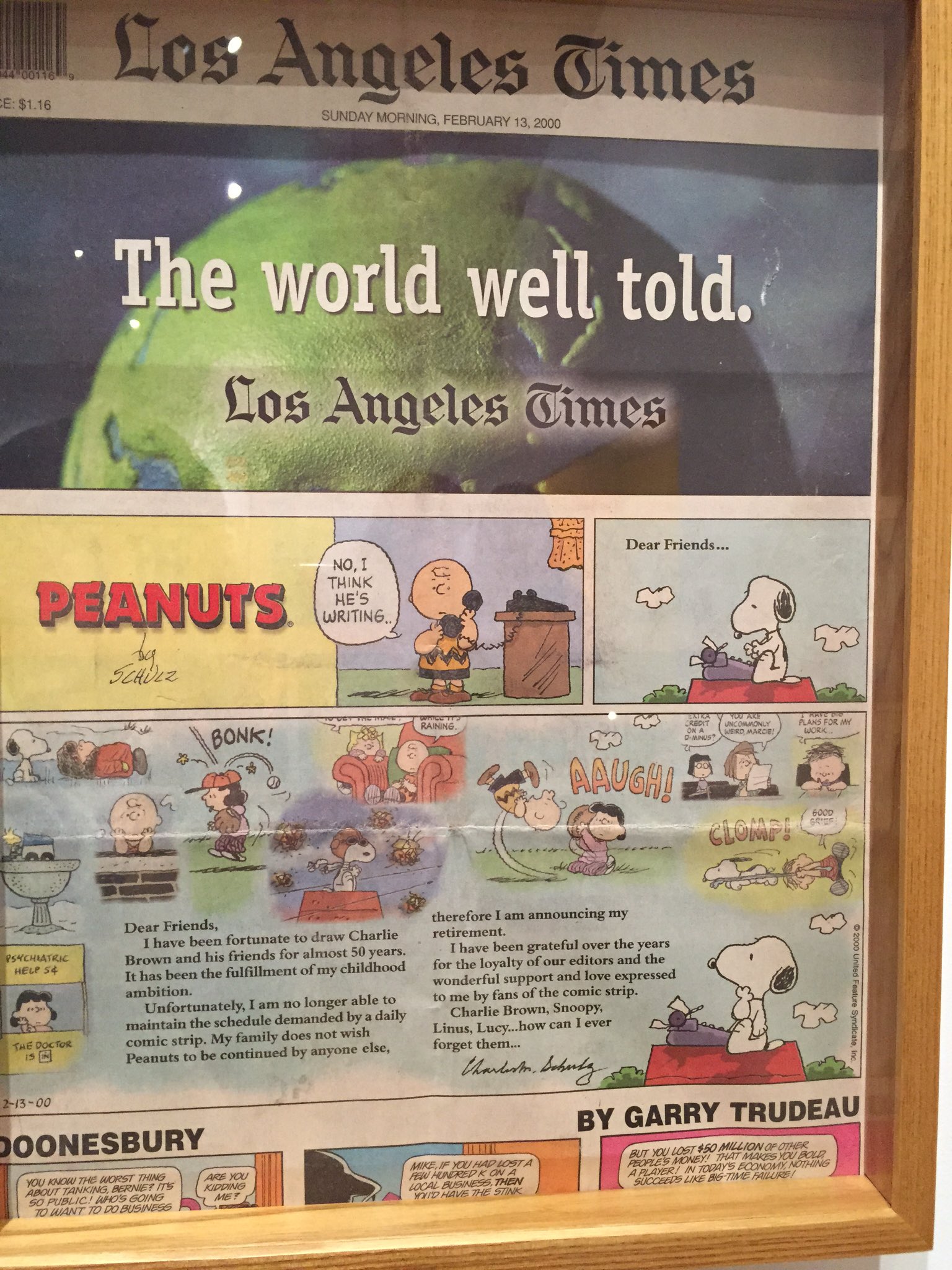 激レア】スヌーピー最終回新聞 （ガーフィールド） 2000年2月13日 価格