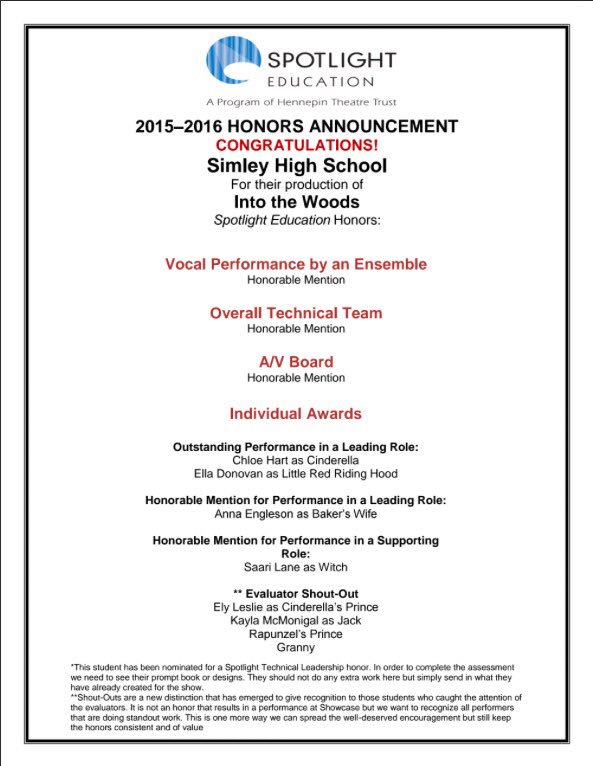 A huge congratulations to the cast and crew of Into the Woods for group and individual Spotlight awards!