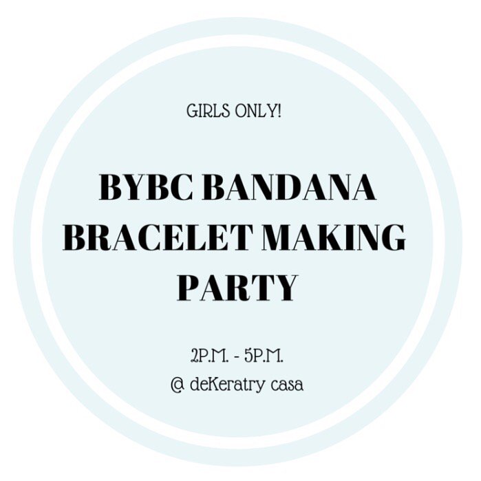 HuttoBibleYouth's tweet photo. Come make bandana bracelets for #bybc2016 this Sunday at the deKeratry house!  If you need her address dm us. :-) https://t.co/nYgVxZZ2z5