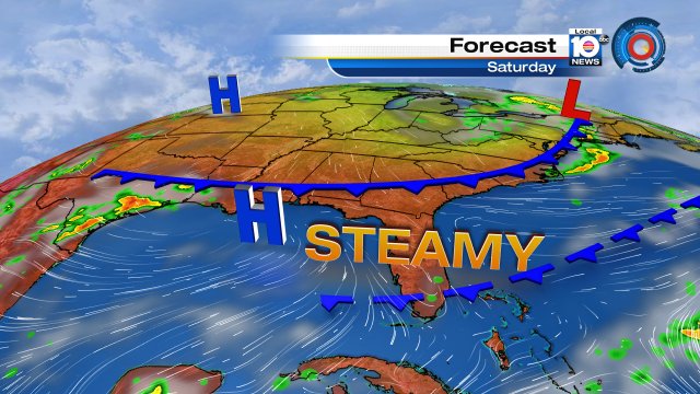 A weak cold front is not expected to bring big changes.  Saturday features steamy temps and mainly dry conditions. https://t.co/NgQtncWMBw