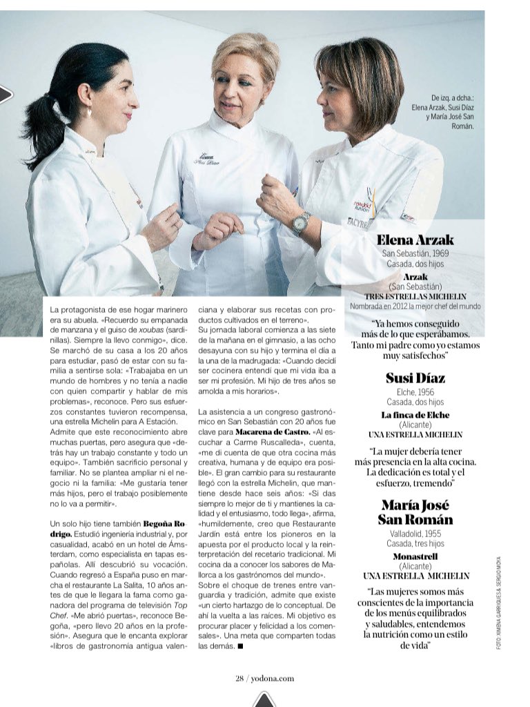 sicasbe's tweet photo. Hoy en @yo_dona Galácticas en la cocina. Las 10 mejores chefs españolas @lafincaelche @mariazafran @ArzakRestaurant https://t.co/QHJ1CnAbcO