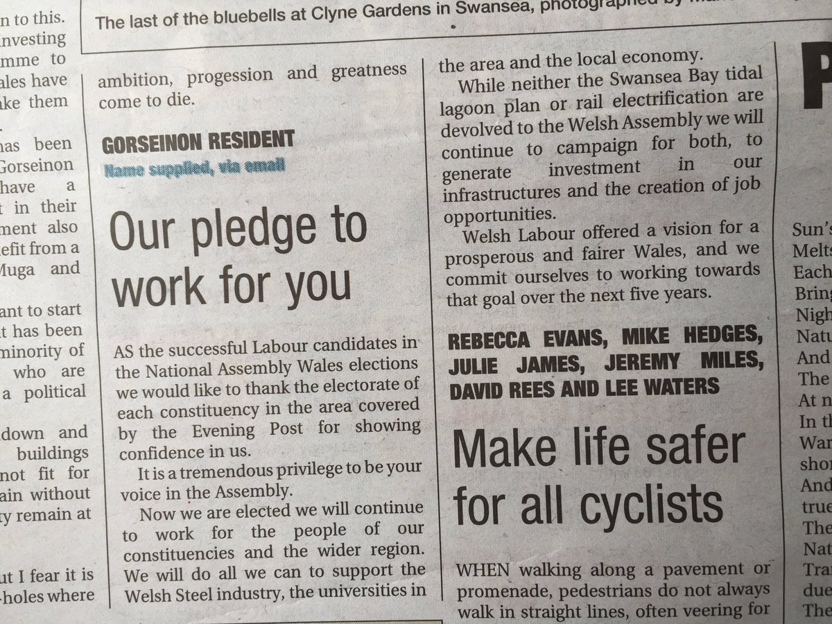 Here is the letter of thanks in the Evening Post from me and fellow Labour AMs to local residents