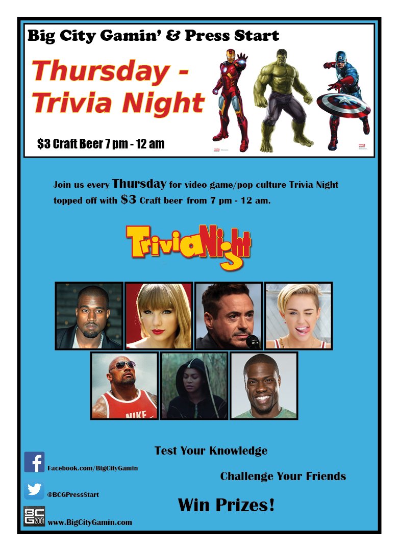 Thursday's are Trivia Night! Test your video game and pop culture knowledge while $3 craft beers are on tap!