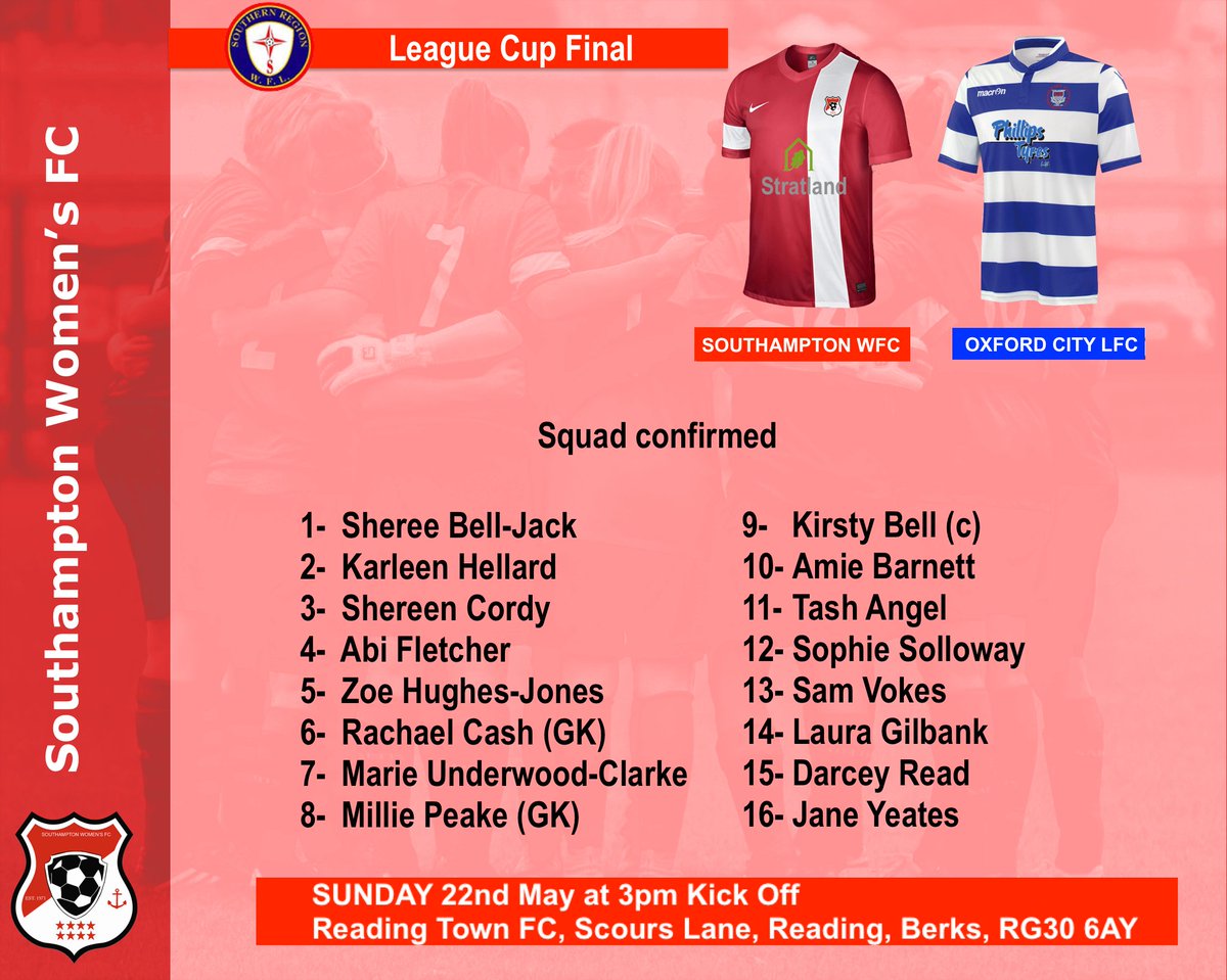 SotonWomensFC's tweet photo. Tomorrow's @SthRgnWFL CUP FINAL🏆
SQUAD CONFIRMED
@SotonWomensFC🔴⚪️🔴 https://t.co/GOeeELQn1c