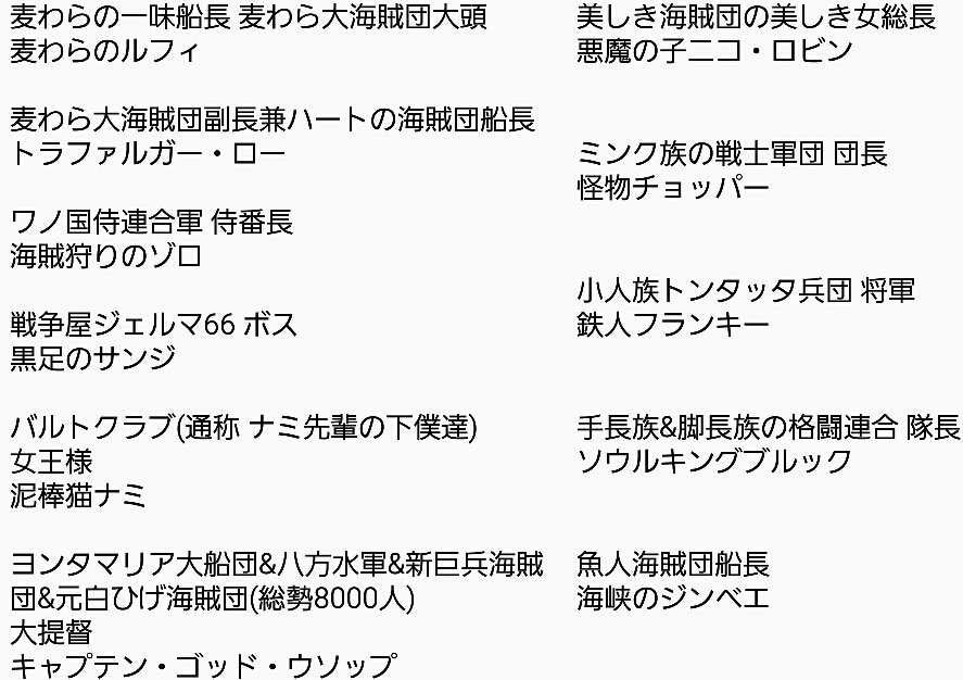 キャプテン キッドン Pa Twitter 打倒黒ひげ 麦わら大海賊団考えてみた ルフィ 大頭 ロー ハート ゾロ 侍 サンジ ジェルマ ナミ バルト 下僕 ウソップ 8000人の部下 ロビン キャベツ チョパ ミンク フランキ 小人 ブルック 手長脚長 ジンベエ 魚人