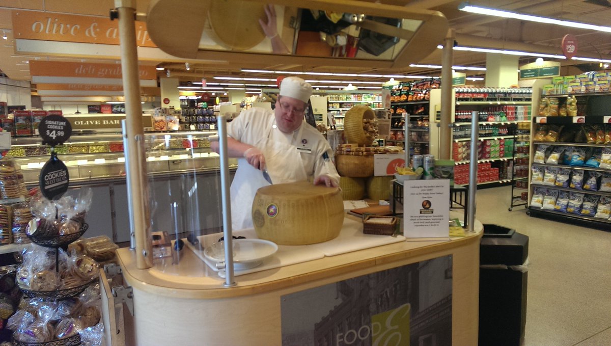 TCfoodtours's tweet photo. Ever see a giant #parmesanwheel cut in 1/2? Local @LundsandByerlys-NE #cheese expert shows how! #FoodTour sightings! https://t.co/6edcbK9uWF