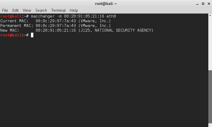 JGamblin's tweet photo. macchanger -m 00:20:91:05:21:16 eth0 < Easiest way to join the NSA https://t.co/vhC6ck4tA3