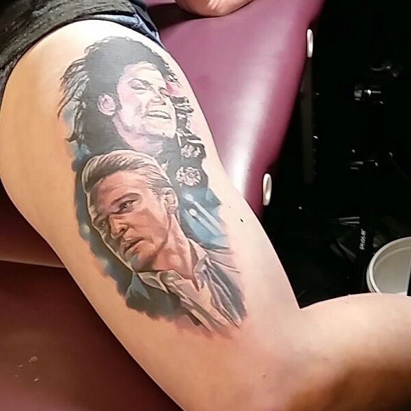 mihmoreno's tweet photo. My favourites singers tattooed with love on my thigh ♡ @jtimberlake @michaeljackson @jimmyfallon @RodrigoTeaser https://t.co/zOhAFfAAdE