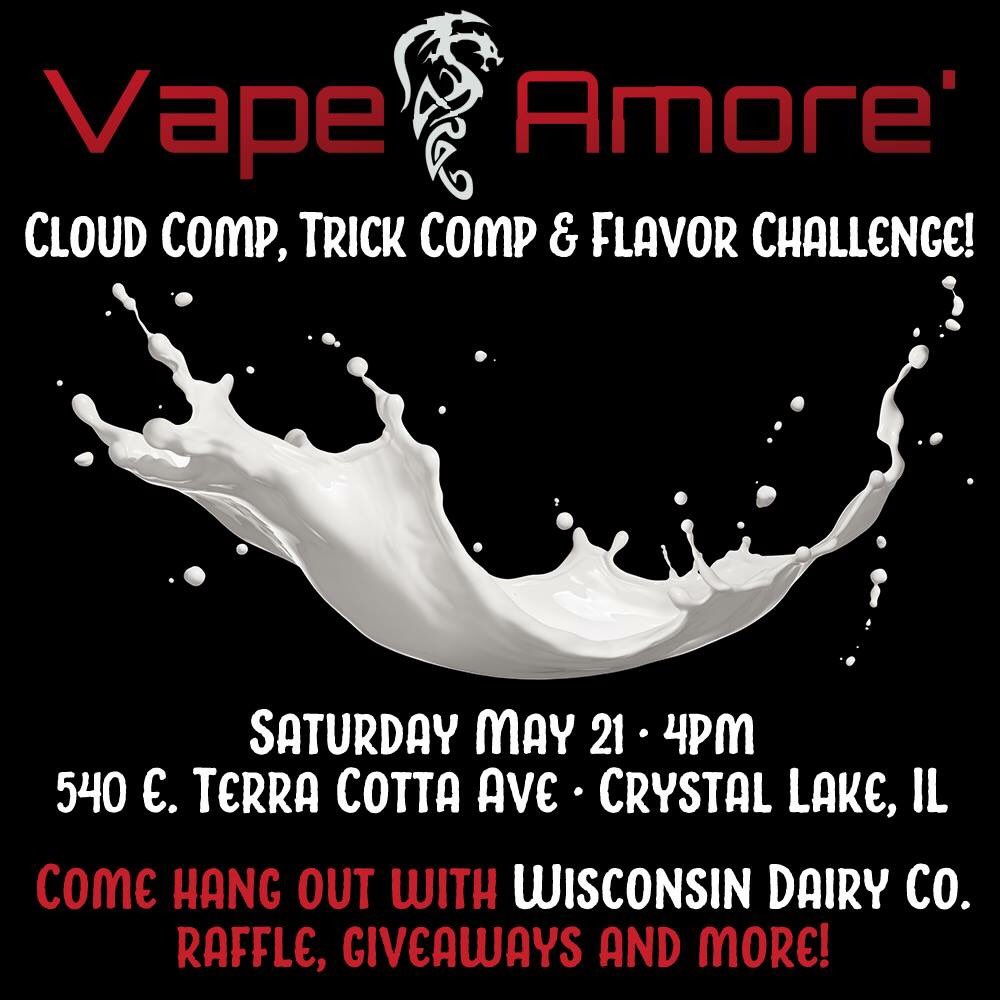 VapeAmore's tweet photo. Free giveaways worth almost $2000!!!  Between 4-8 pm Today. Oh yeah!! @VapeAmore @WiscoDairyCo #giveaway #vapefam https://t.co/WdUMrne4SC