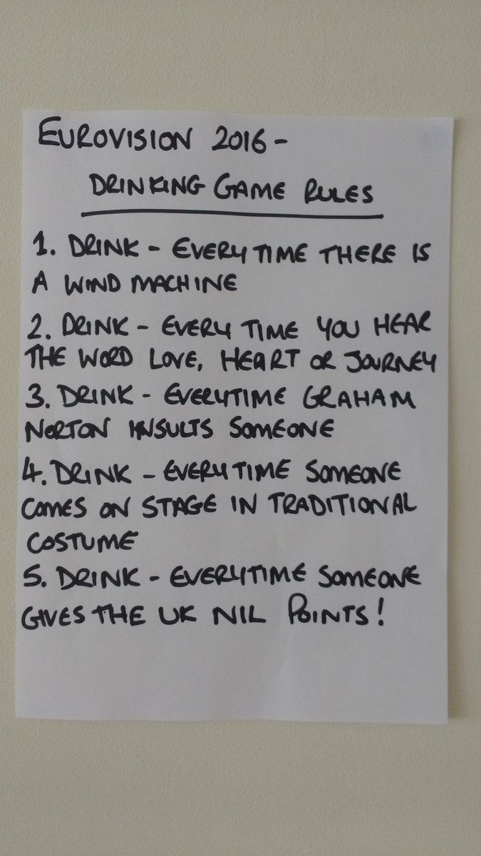 nicolaherr88's tweet photo. Rules ready for tonight's viewing of the Eurovision song contest! #Eurovision #drinkinggames https://t.co/V9kdGHPBTT