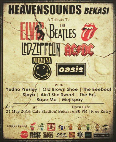 "heaven sounds bekasi" 
saturday 21 mei 2016 
at cafe stadion bekasi <a href="/KaosMukee/">Mukee Cloth & Merch</a> <a href="/info_merdeka9/">MERDEKA SEMBILAN</a> <a href="/camelobekasi/">camelo.bekasi</a>
