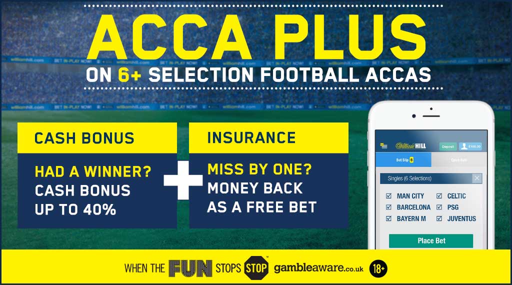 WilliamHill's tweet photo. Have a 6+ Acca on Football? With #AccaPlus get a Cash Bonus or a free bet #WHOffers https://t.co/u1s8Ae4xqe https://t.co/6I0m41d0Oi