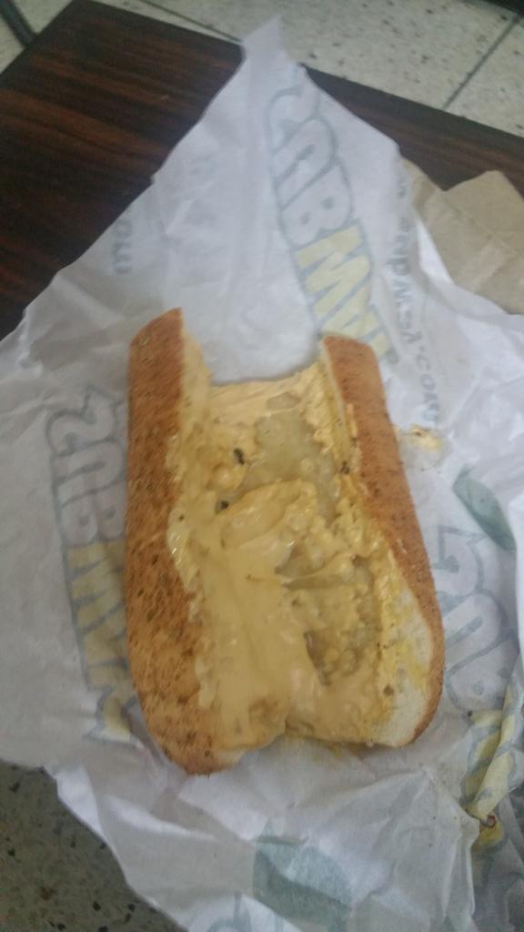 Gupak's tweet photo. Veggie Delite with no veggies @swiggy_in @SubwayIndia what a joke!! #swiggysucks https://t.co/40RrHzX69D