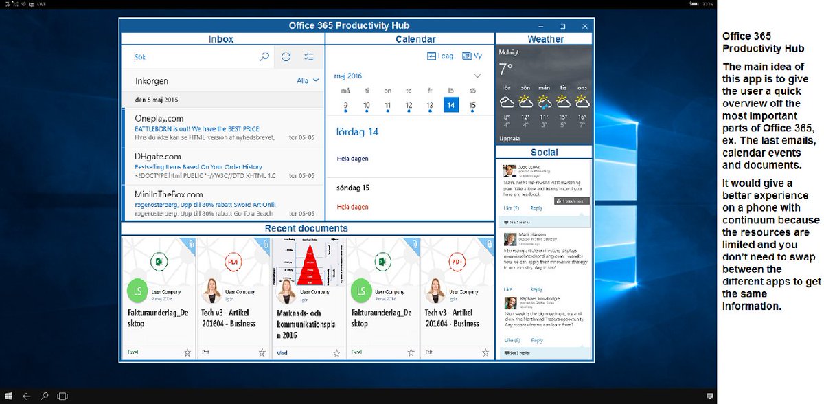 RogerOsterberg's tweet photo. #WindowsInsiderContinuumApp O365 Productivity app. Helps users get more power out of O365 in Continuum. https://t.co/37eOkHF6GH
