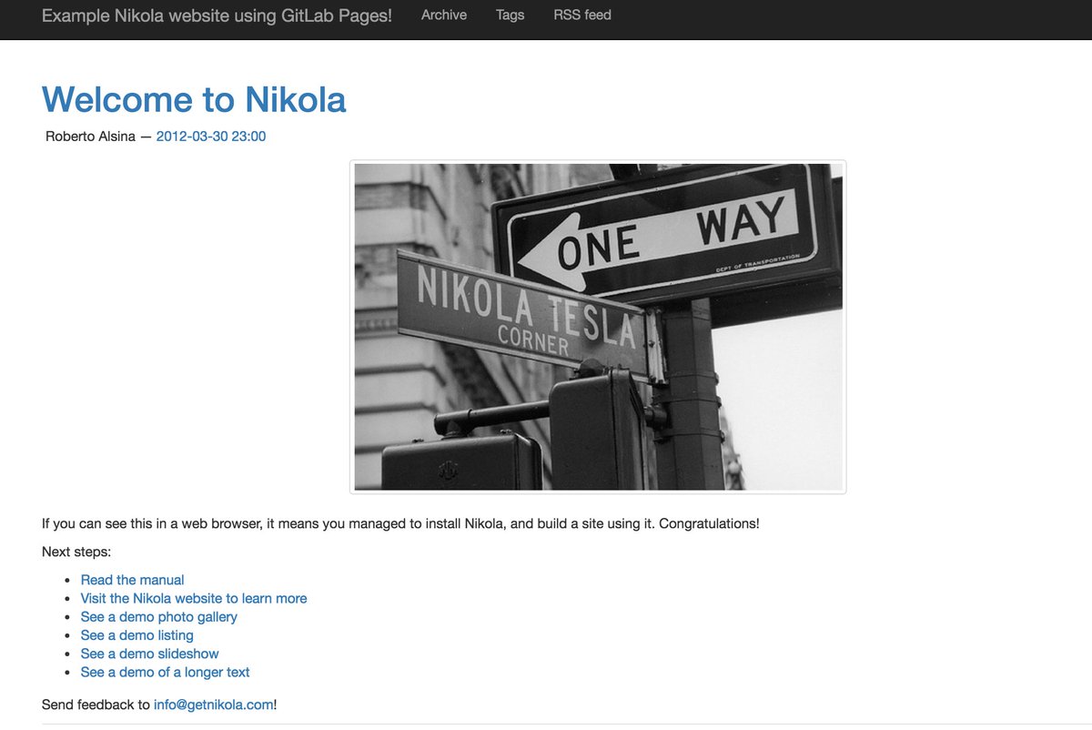 gitlab's tweet image. We just added @GetNikola example project to #GitLabPages examples, thanks @sukiletxe! gitlab.com/pages/nikola