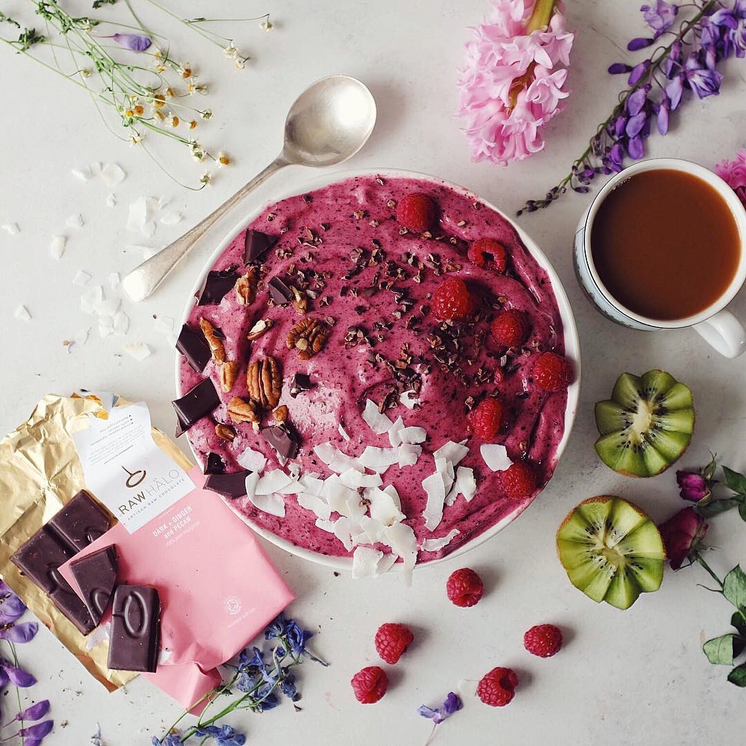 Summery berry and banana nice cream, decorated with our new Dark+Ginger and Pecan #rawchocolate bar☀️ The best!