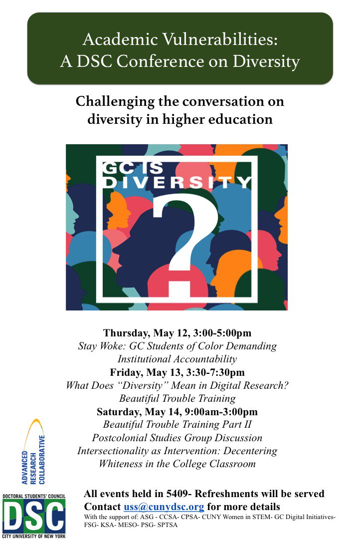 cunyDGSC's tweet photo. Today: Beautiful Trouble pt2 | Postcolonial Studies Grp discussion | Intersectionality as Intervention 9am-3pm https://t.co/ssIMmN8Bzx