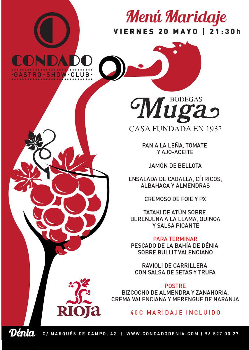 DeniaesVida's tweet photo. 🌟 🍷 🌟 Cena maridaje de presentación de la nueva añada de @bodegasmuga en @condadodenia 
📅 ➡️ Viernes 20 de mayo https://t.co/1vGlLj5myn