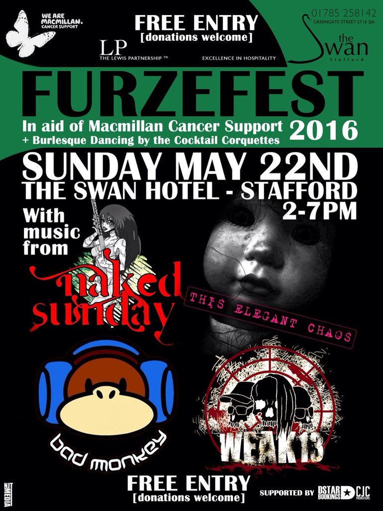 CJCpromotions (@cjcpromotions) on Twitter photo FURZEFEST 2016 #staffordshire
May 22nd #festival <a href="/theswanstafford/">The Swan Stafford</a>
Feat: @nakedsonday <a href="/ThisElegantChao/">This Elegant Chaos</a> <a href="/WEAK13/">WEAK13</a> FURZEFEST 2016 #staffordshire
May 22nd #festival <a href="/theswanstafford/">The Swan Stafford</a>
Feat: @nakedsonday <a href="/ThisElegantChao/">This Elegant Chaos</a> <a href="/WEAK13/">WEAK13</a>