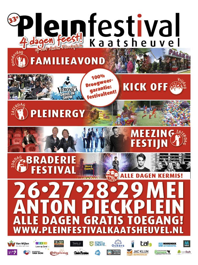 Het is bijna zover! Het gratis toegankelijke <a href="/Pleinfestival/">Pleinfestival</a> in Kaatsheuvel komt er weer aan! Van  26 mei t/m 29 mei