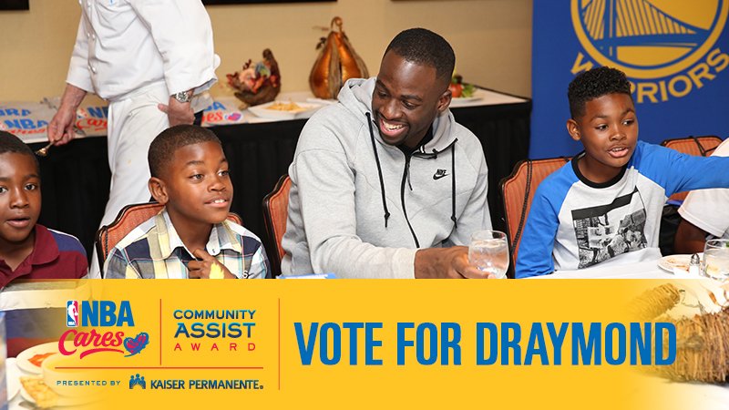 warriors's tweet photo. Thank #DraymondGreen for everything he's done in the community this year &amp; RT to vote for #NBACommunityAssist Award! https://t.co/ypbHwbOfF8