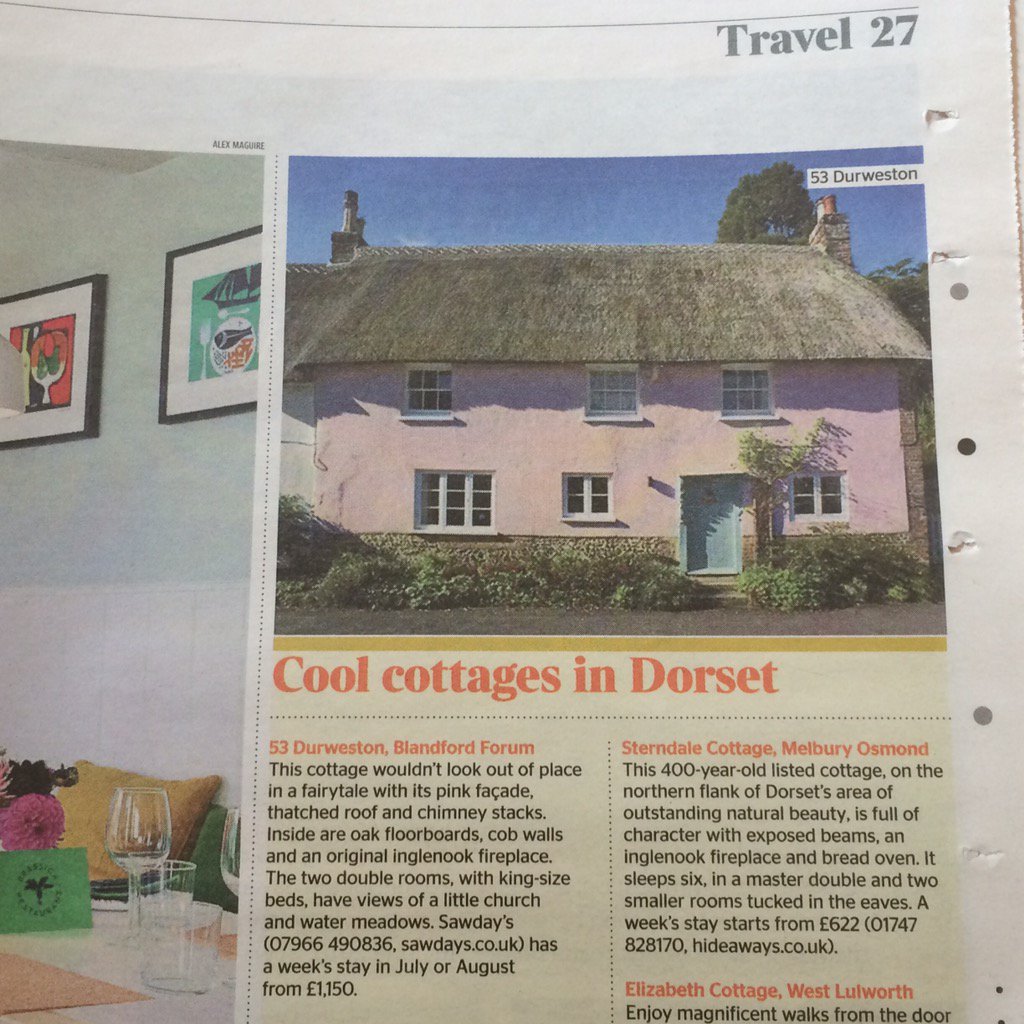 We're top of the picks in @timestravel today, 'Cool Cottages in Dorset'. Really chuffed to be featured. @sawdays