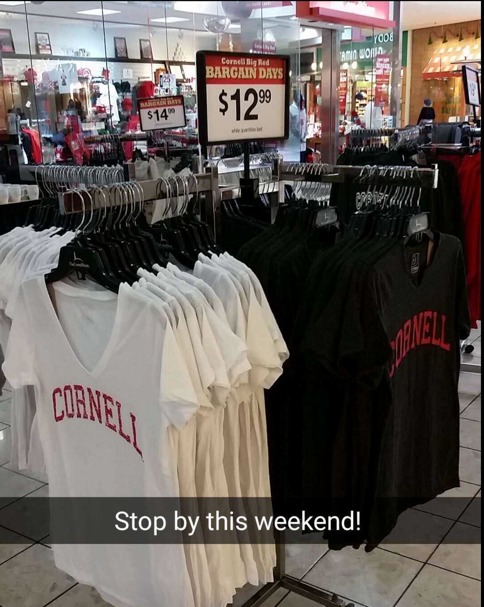 CornellStore's tweet photo. Great deals on #Cornell gear this weekend at @IthacaMall. So many new styles that they've spread into the corridors! https://t.co/xnRmwD1SzI