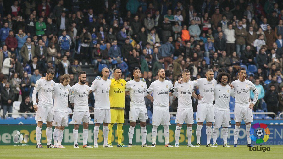 LaLigaEN's tweet photo. An emotional minute's silence at Riazor in memory of victims of the attack on a @realmadriden Peña in Iraq. #RCDvRMA https://t.co/zZlddiI5ZW