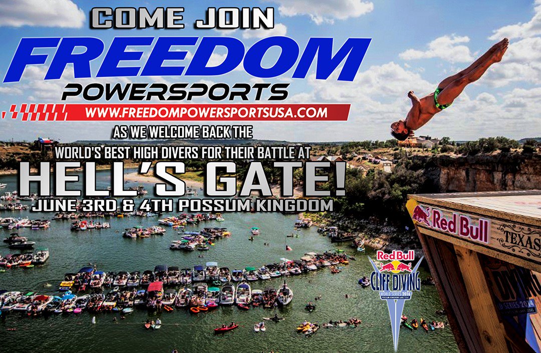 FreedomPSTX's tweet photo. And don't forget we are the only and official retailer of the Red Bull Cliff Diving merchandise! #RedBullDFW https://t.co/Vd8uOV5DxA