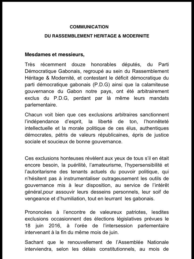 ABChambrier's tweet photo. Communication du Rassemblement Héritage et Modernité 14-05-2016. #Gabon https://t.co/llW1A3mOHq