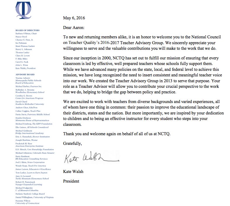 ClassroomD4's tweet photo. I've been named to the @NCTQ's Teacher Advisory Group. Great opportunity to bridge policy with practice. https://t.co/gncvs4uEgU