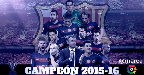 marca's tweet photo. FINAL | El Barça, campeón de #LaLiga 2015/16. La sexta en ocho años ¡Enhorabuena culés 👏👍! https://t.co/tkZ00XejxH https://t.co/VH44qLNSFK