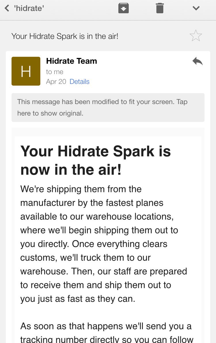 ericbeasley's tweet photo. Still waiting for my @HidrateSpark. Been βin the airβ since April. Hope itβs arms donβt get tired. #kickstarterfail https://t.co/dBtZ13C35B