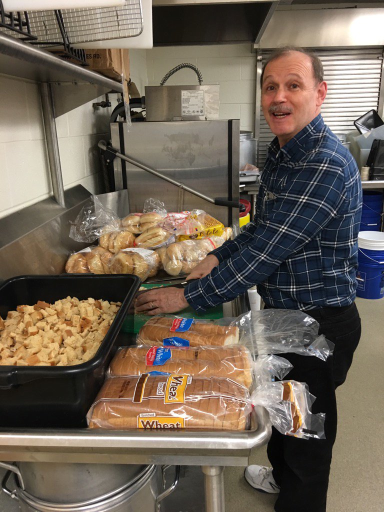 BMORESALT's tweet photo. Dan from @olphparish and @CCharitiesUSA up at 7am cubing bread for casseroles to feed Baltimore's homeless! https://t.co/hq1YB2ybon