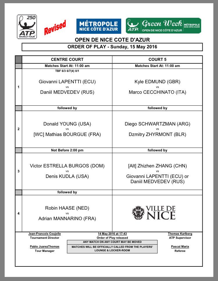 AssoRVPB's tweet photo. #Tennis #Nice06 : Les Résultats du 14/05/16 sur l' #OpenDeNice #ATP et le Programme de dimanche sur le #NiceLTC https://t.co/ezMqYvtGHy