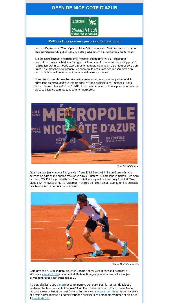 AssoRVPB's tweet photo. #Tennis #Nice06 : Les Résultats du 14/05/16 sur l' #OpenDeNice #ATP et le Programme de dimanche sur le #NiceLTC https://t.co/ezMqYvtGHy
