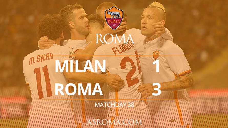 OfficialASRoma's tweet photo. #MilanRoma, ultima di #SerieA, termina 1-3 per i giallorossi! Grazie ragazzi, Forza ROMA! https://t.co/Szn0DeWDLB https://t.co/0I8bxST9Y0