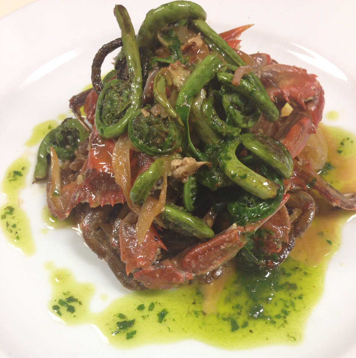 TrevaRestaurant's tweet photo. You are invited to enjoy seasonal soft shell crab, black barley, fiddleheads, and salsa verde #ChefJohnMedonis https://t.co/z4apNqpSA2