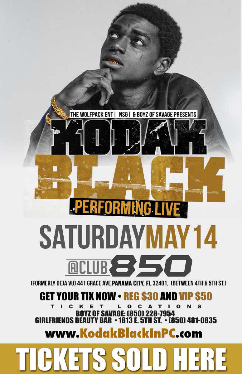 850Digital's tweet photo. @KodakBlack1k LIVE #TONIGHT @ #CLUB850 #PanamaCity | BUY TIX @ https://t.co/w3rxEtW3IG or 850.879.6110 #KodakBlack https://t.co/ykfxngooPp