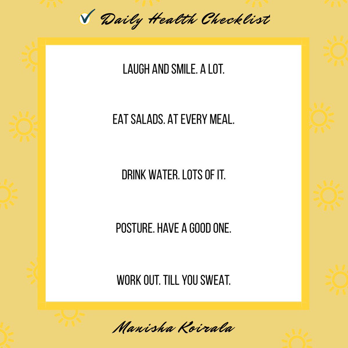 mkoirala's tweet image. #DailyHealthChecklist #HealthTip #DailyDose #Checklist #Health #Wellness #Fitness #HealthAndWellness #ManishaKoirala