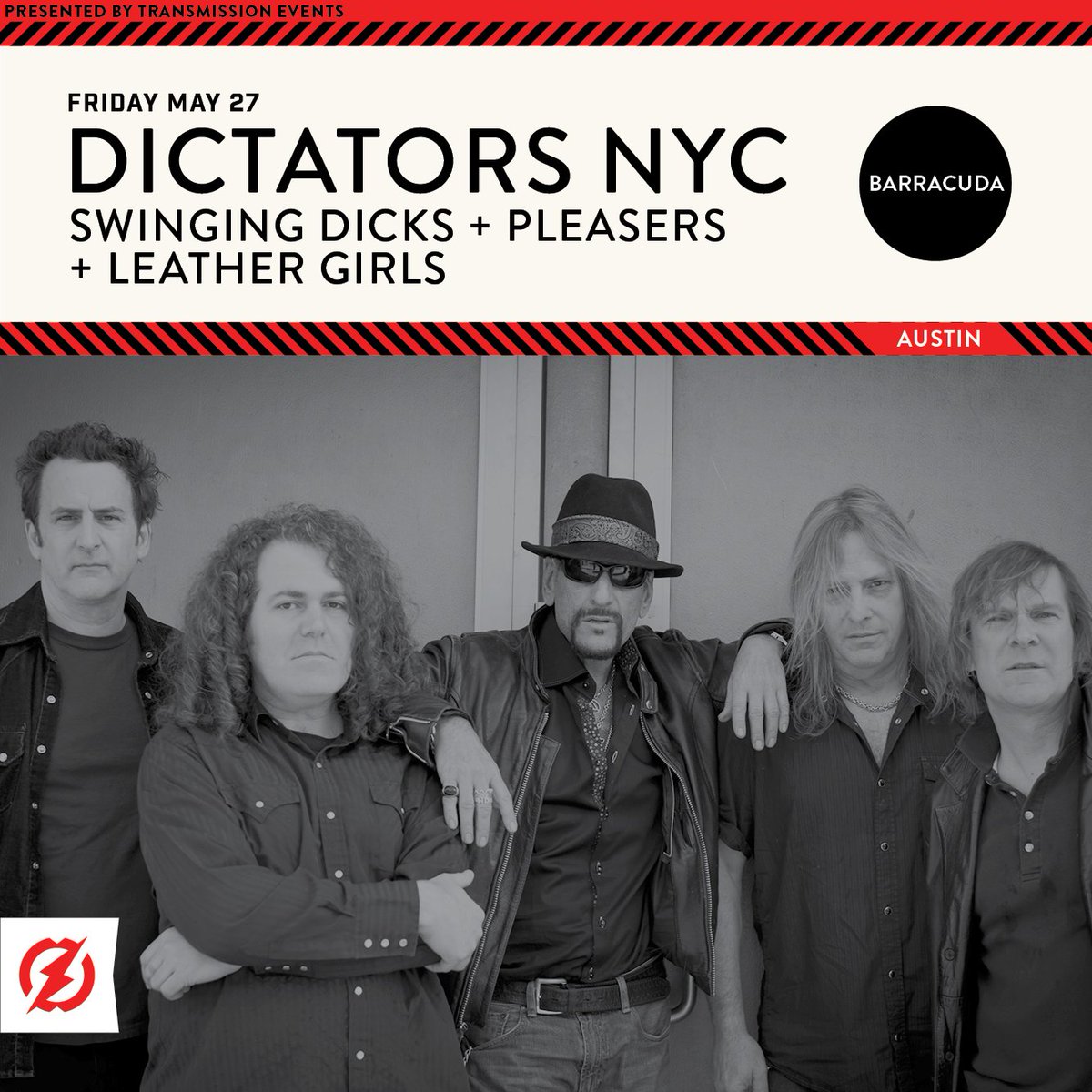 .@TheDictatorsNYC + @theswingindicks + more at <a href="/barracudaaustin/">Barracuda</a> 

May 27 | transmissionevents.com