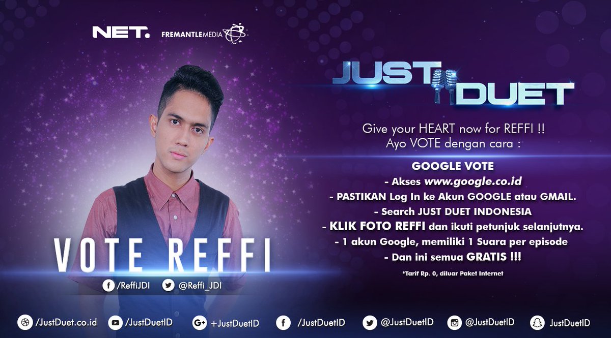 Kalo <a href="/Reffi_JDI/">Reffi_JDI</a> mau masuk Grand Final dia berarti harus lolos malam ini, VOTE yaaa #JustDuetID <a href="/netmediatama/">Netmedia</a>