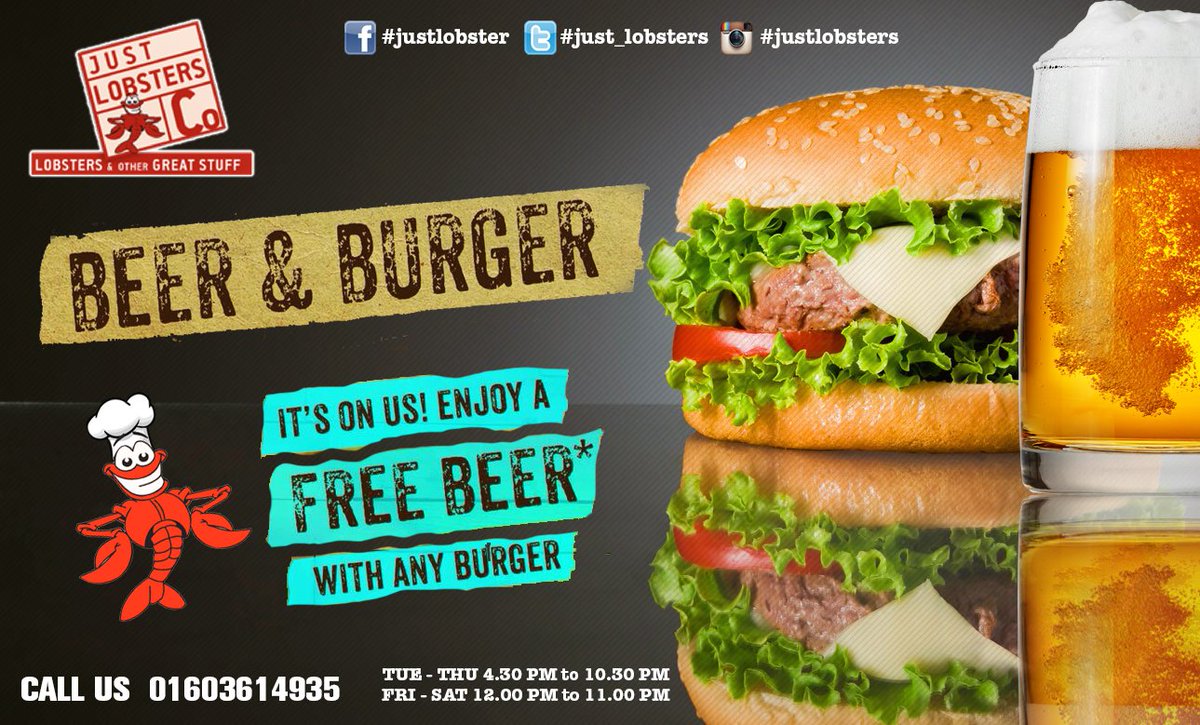 Just_lobsters's tweet photo. Enjoy Free Beer With Any Burger......
#justpromotion https://t.co/usKnlI25N8