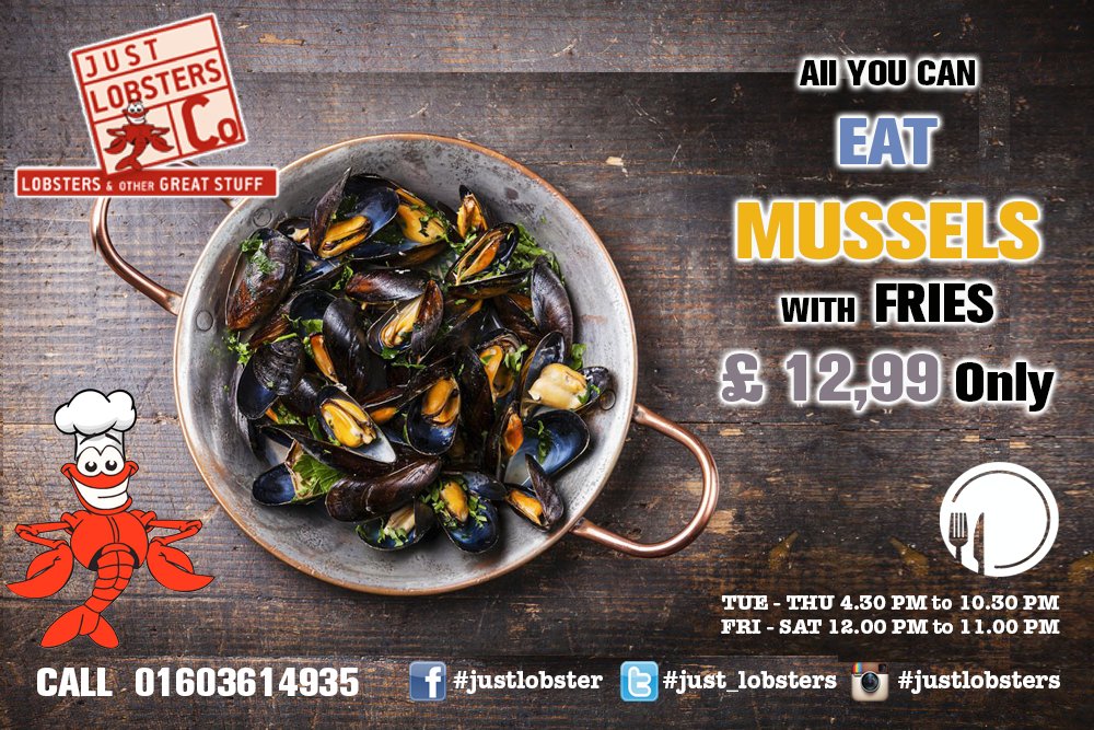 Just_lobsters's tweet photo. All You Can Eat Mussels with Fries. £12.99 Only.
#justpromotion https://t.co/GblvXb3Czk