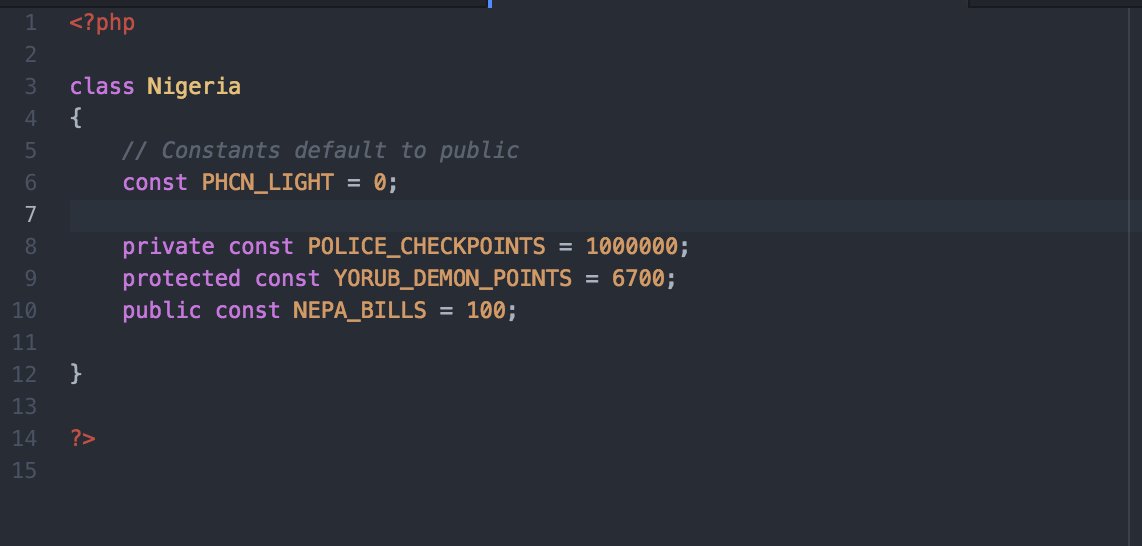 unicodeveloper's tweet image. In PHP 7.1, you'll be able to make class constants protected or private like so: 🔥🔥🔥🔥